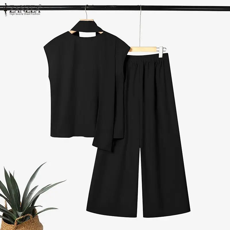 ZANZEA Women Minimalist 2pcs Matching Pant Sets Sashes V-Neck Blouses & Elastic Back Waist Wide Leg Pants Suits Outfits Commute