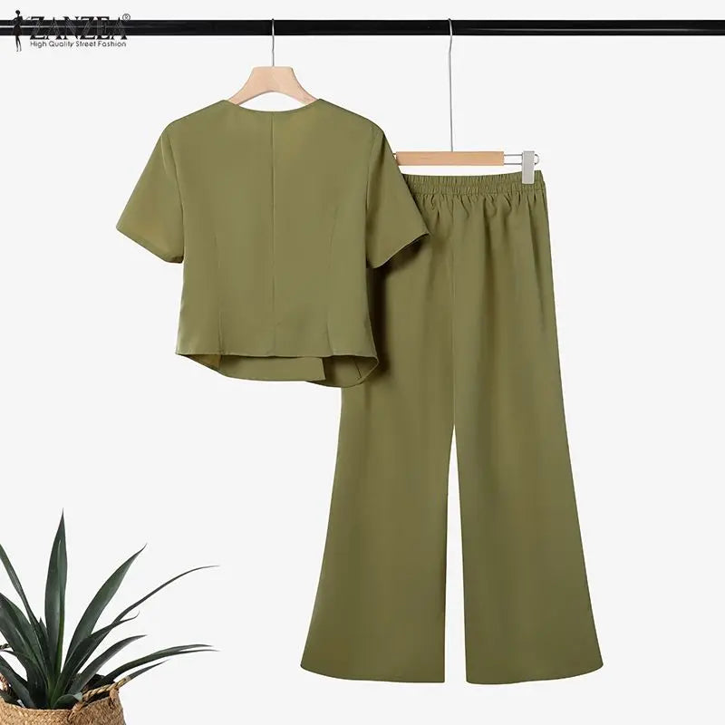 ZANZEA Women's Elegant OL Pant Sets Asymmetric Front Short Sleeve Tops & Wide Leg Pants 2 Pieces Sets Outfit Woman Trouser Suits