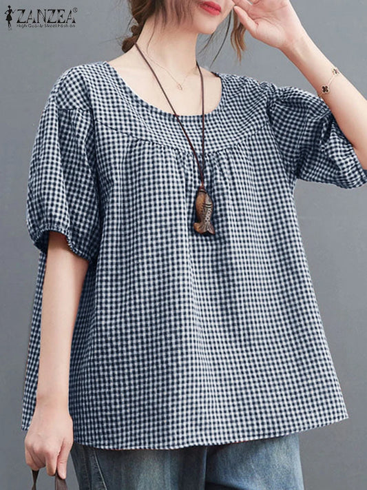 ZANZEA Summer Vintage Women Casual Loose Shirt Baggy Plaid Checked Tops Tunic Fashion O Neck Short Sleeve Blouse Blusas Chemise
