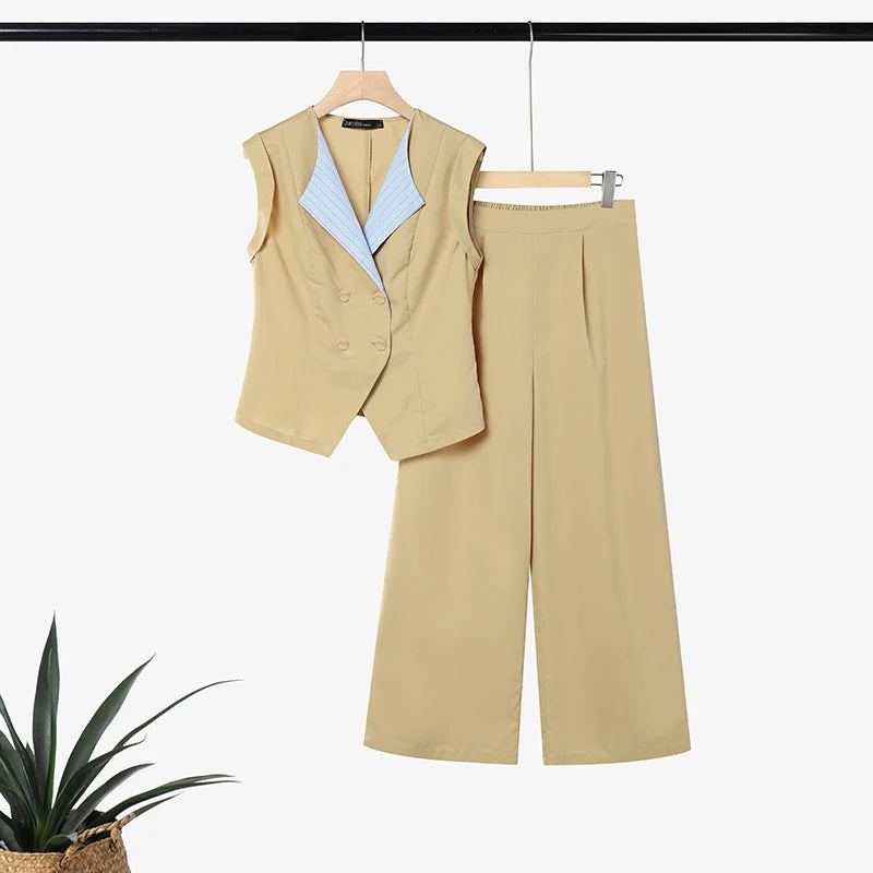 2026 ZANZEA Summer Lapel Neck Sleeveless Tanks Tops Trousers Suit Women 2 Piece Sets Elegant OL Work Pants Sets Patchwork Outfit