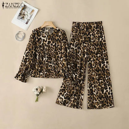 ZANZEA Women Muslim Sets Autumn Leopard Print Two Piece Outfit Ruffle Long Lantern Sleeve Blouse Elastic Waist Wide Leg Pants