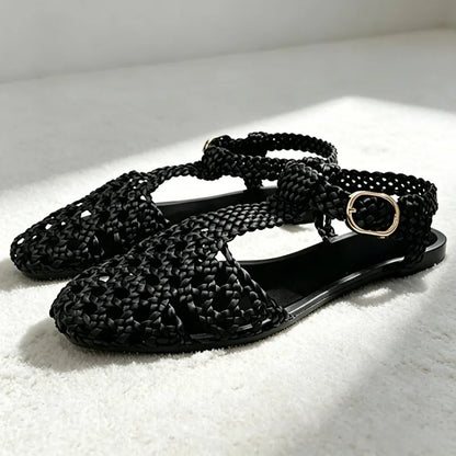 High-quality Hollow Woven Flat Sandals for Women Fashion T-tied Ankle Strap Buckle Gladiator Sandals Summer Holiday Beach Sandal