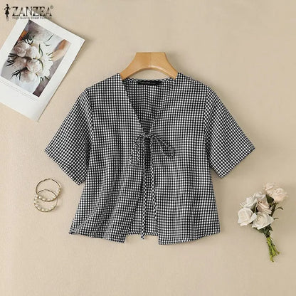 ZANZEA Women Casual Gingham Tie-Front Cardigans V-Neck Short Sleeve Short Shirts 2026 Summer Fashion Dates Daily Wear Tops