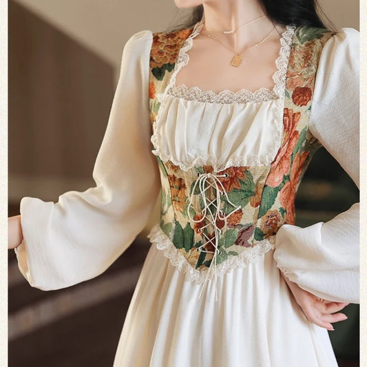Women Vintage Floral Print Corset Dress, Long Sleeve Square Neck Lace Midi Dress, Cottagecore Elegant A-Line Party Dress