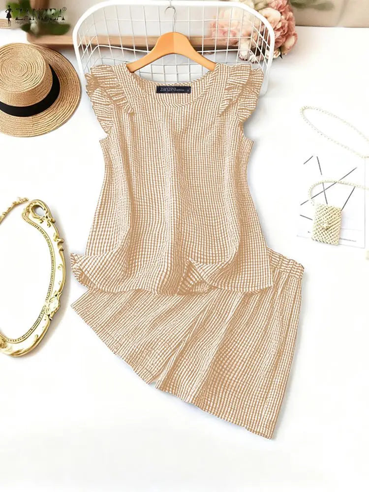 Stylish Smmer 2 Pieces Sets ZANZEA Women Outfits Elegant Sleeveless Blouse Short Sets Plaid Checked Tracksuit 2PCS Holiday Suit