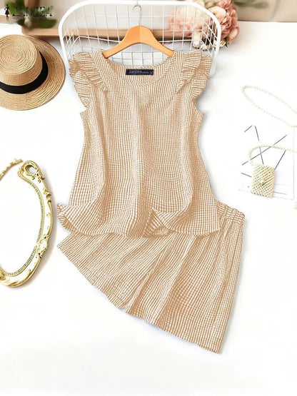 Stylish Smmer 2 Pieces Sets ZANZEA Women Outfits Elegant Sleeveless Blouse Short Sets Plaid Checked Tracksuit 2PCS Holiday Suit