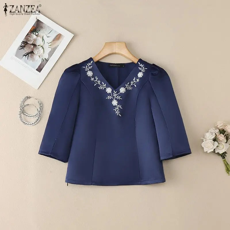 ZANZEA Elegant Woman Satin Short Blouses V-Neck 3/4 Sleeve Floral Embroidery Slim Fit Tops Classy Ladies Blusas 2026 Spring 3XL