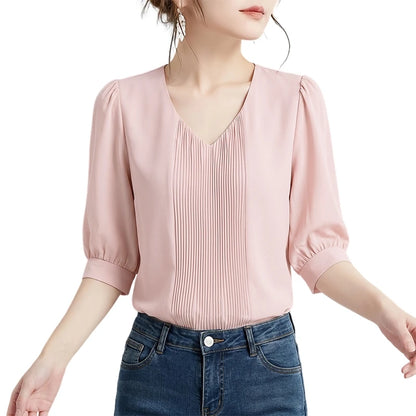 ZANZEA Elegant Plisse Detailing Blouses Women's Classy V-Neck 3/4 Puff Sleeve Solid Color Tops Summer Daily Wear Blusas de Mujer