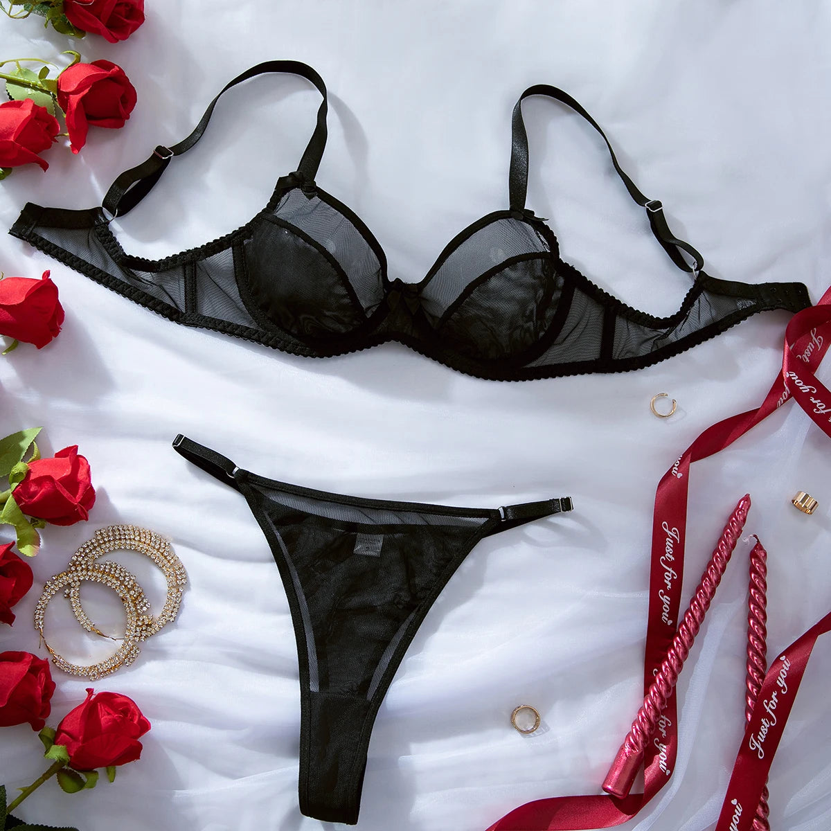 See Through Mesh Lingerie 2 Piece Set Ladies Bow Trim Underwire Bra Adjustable Thin Strap Thong Sensual Transparent Underwear