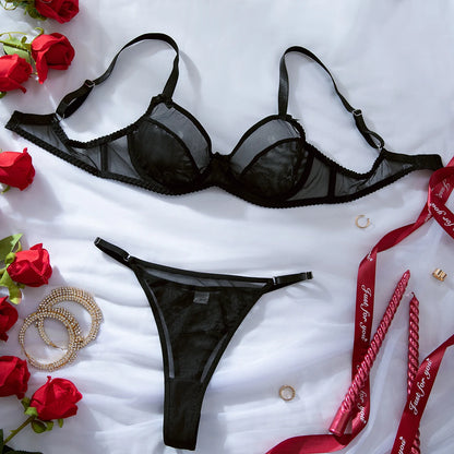 See Through Mesh Lingerie 2 Piece Set Ladies Bow Trim Underwire Bra Adjustable Thin Strap Thong Sensual Transparent Underwear