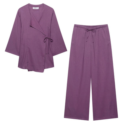 HH 2025 Spring Women Fashion Linen Suits New Solid Cardigan Kimono Top + Versatile Outerwear Female Wide Leg Long Pant