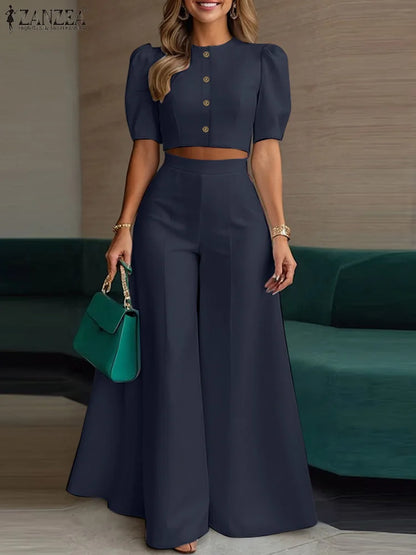 2025 ZANZEA Fashion Summer Outfits Women 2 Piece Sets Short Puff Sleeve Crop Tops Wide Leg Trousers Suit 2PCS Work OL Tracksuits