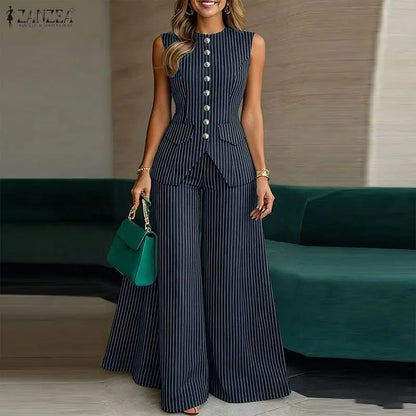 ZANZEA Women's Elegant Pant Suits Striped Sleeveless Vest Tops & Wide Leg Pant 2 Pieces Sets Office Fashion Commuting Outfits