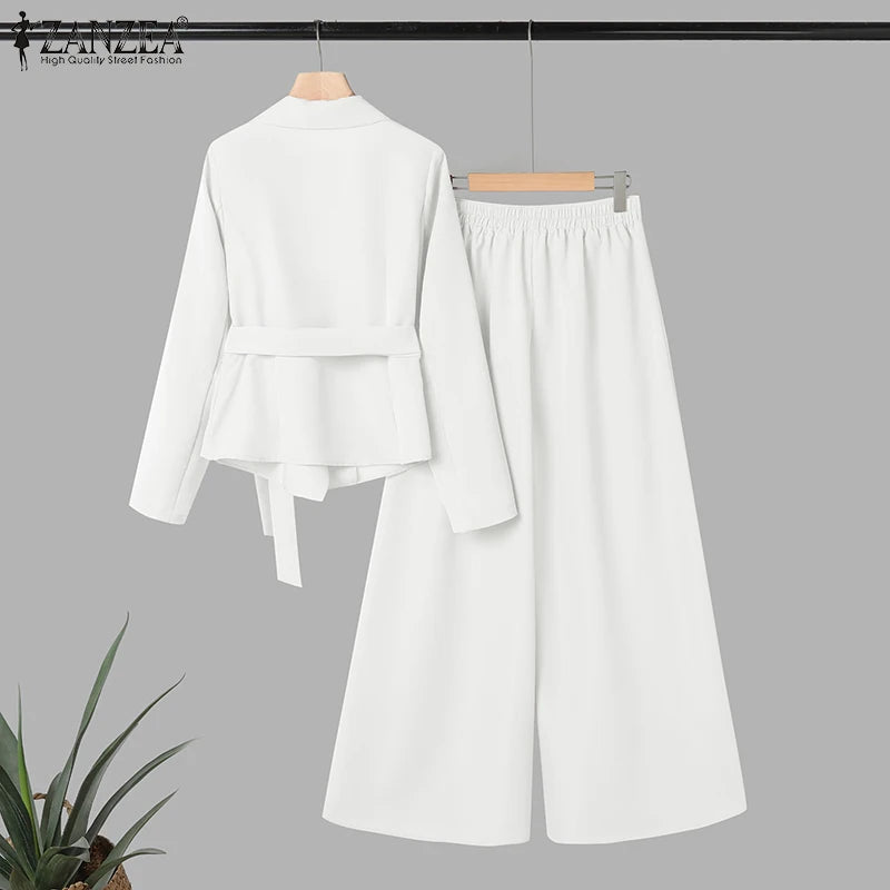 ZANZEA Women's Minimalist 2-Piece Pant Sets Elegant Long Sleeve Belted Blouse & Wide Leg Pant 2pcs Suits Office Work Co-ords