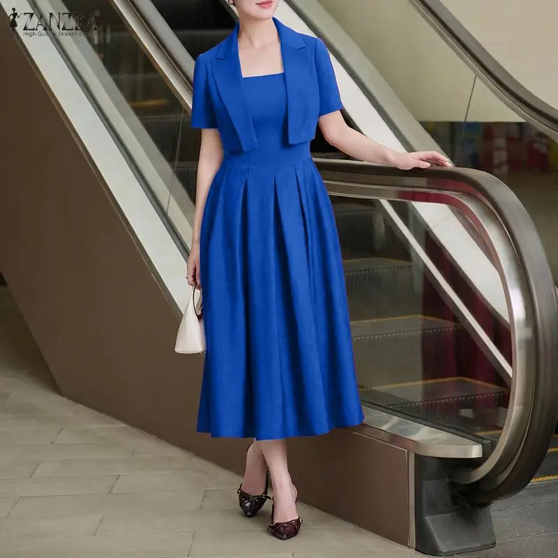 ZANZEA Women's Elegant Satin Dress Sets Sleeveless Pleated Maxi Dress & Short Sleeve Cropped Jackets 2 Piece Sets Fashion Outfit