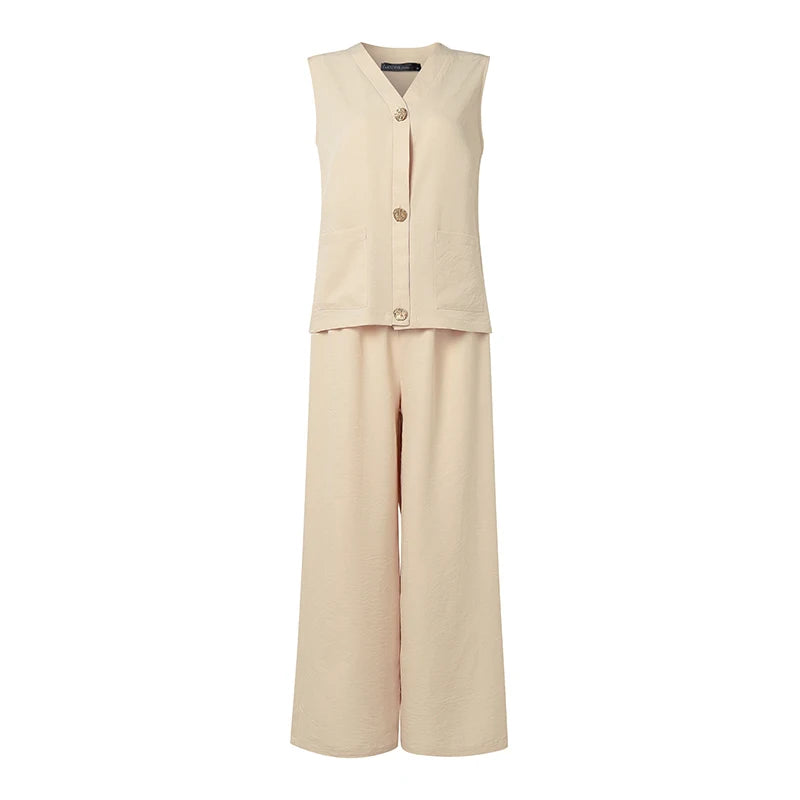 ZANZEA Fashion Women 2 Pieces Sets V Neck Buttons -Up Tanks Tops Trousers Suit Summer 2PCS Outfits Elegant OL Work Pant Sets