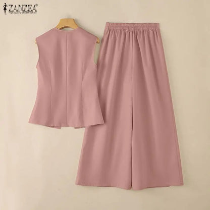 Fashion Women 2 Pieces Sets ZANZEA Summer Sleeveless Buttons -Up Tanks Tops Pants Sets Elegant Solid OL Work Tracksuit Outfits