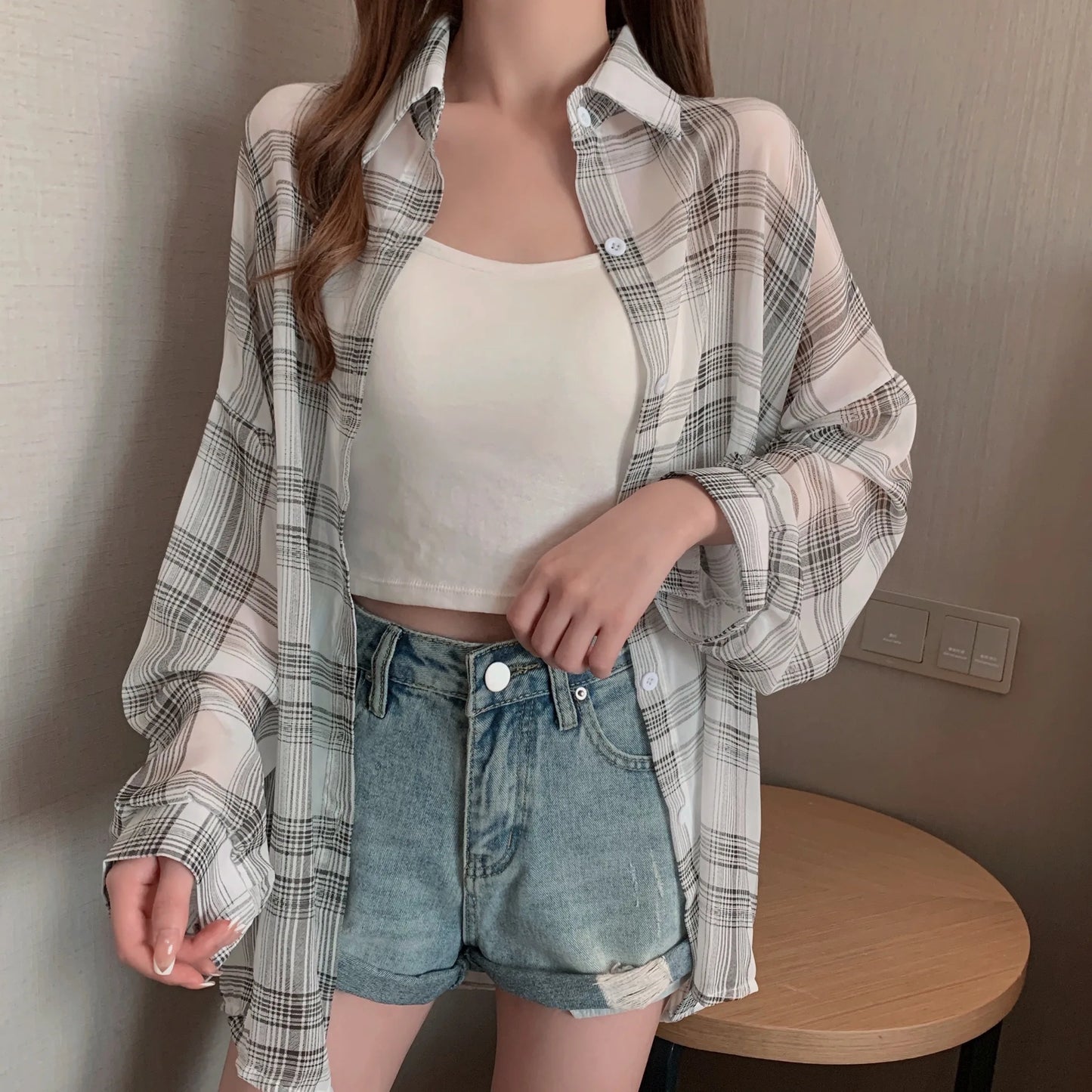 Sheer Chiffon Plaid Shirt for Women Ovesized Collared Button-down Blouse Summer Laides Slouchy Casual Outfit