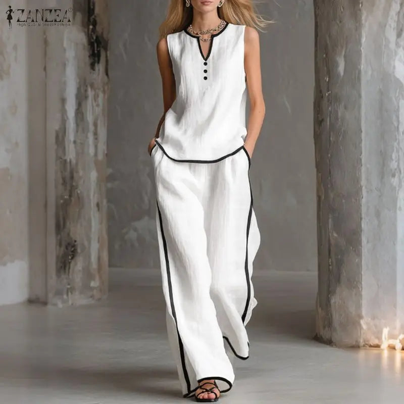 ZANZEA Stylish Sleeveless Tanks Tops Pant Sets 2026 Women Summer Patchwork Tracksuit 2 Pieces Sets Casual Loose Work Outfits