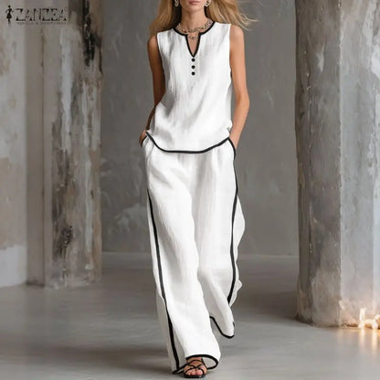 ZANZEA Stylish Sleeveless Tanks Tops Pant Sets 2026 Women Summer Patchwork Tracksuit 2 Pieces Sets Casual Loose Work Outfits