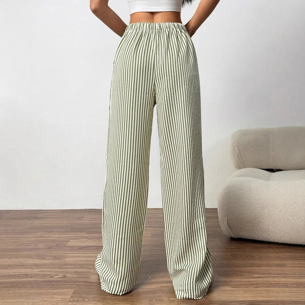 2025 Autumn New Cross border Women's Fashion Loose Striped Drawstring Elastic Waist and Floor Pants from Europe and America