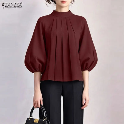 ZANZEA Women 3/4 Lantern Sleeve Blouses Summer Stand Collar Pleated Detailing Solid Color Tops Spring Commute Work Blusas Mujer