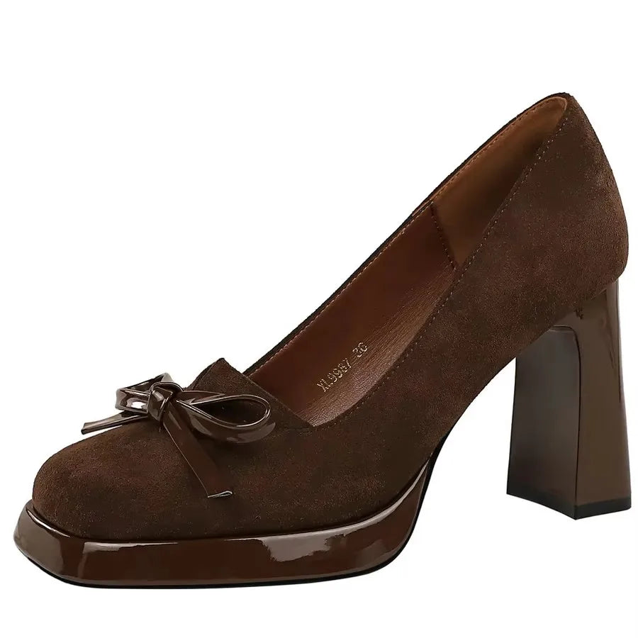 BIGTREE Shoes Chunky Block Heels Women Pumps Bow Decoration High Heels Square Headed Platform High Heels Suede Ladies Shoes 2026