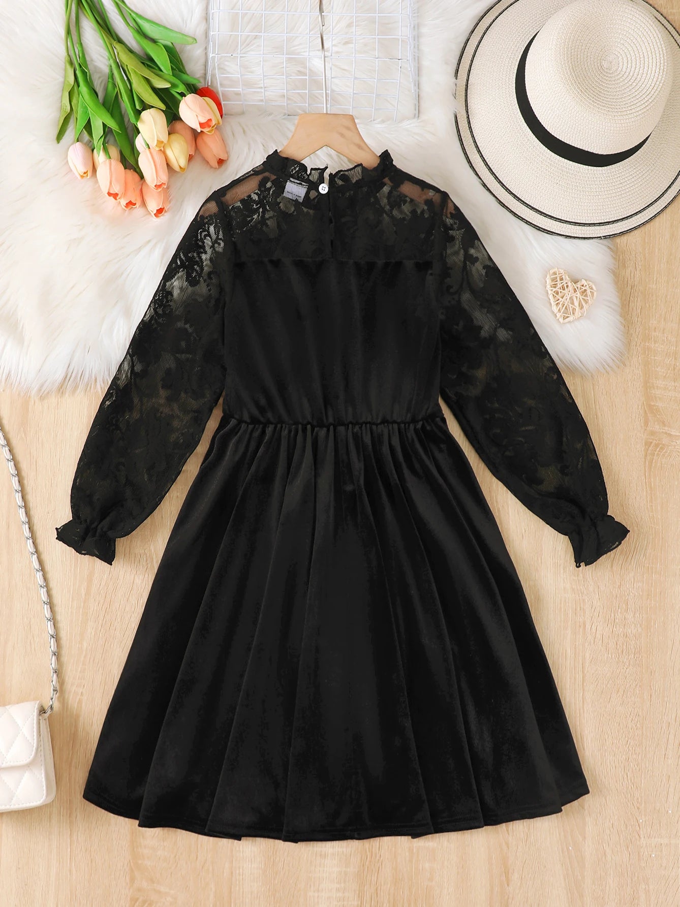 Girls Velvet Lace Outfit Long Sleeve Dress Black One-Piece Outdoor Party Holiday Suitable Autumn Winter Children's Clothing