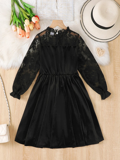 Girls Velvet Lace Outfit Long Sleeve Dress Black One-Piece Outdoor Party Holiday Suitable Autumn Winter Children's Clothing