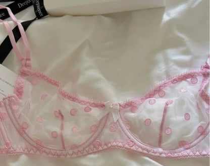 Polka Dot Lace Embroidery Bra Set Soft Underwire Ultra Thin No Padding See Through Mesh Push Up Lingerie For Young Girls Daily