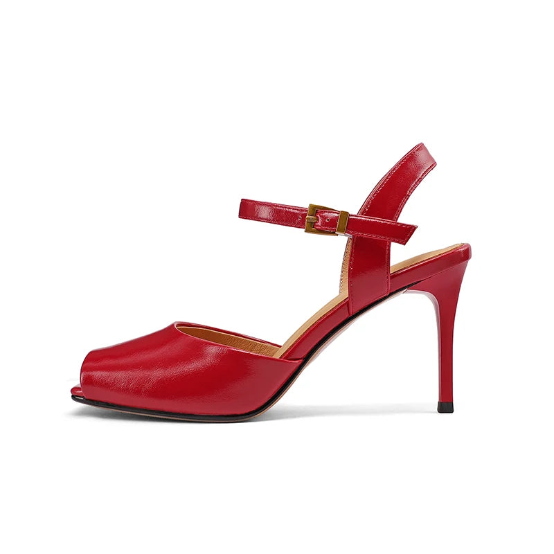 SmallHut New 2026 Trend Peep Toe Sandals Summer Women High Thin Heels Black Red Buckle Ankle Strap Sexy Ladies Party Shoes