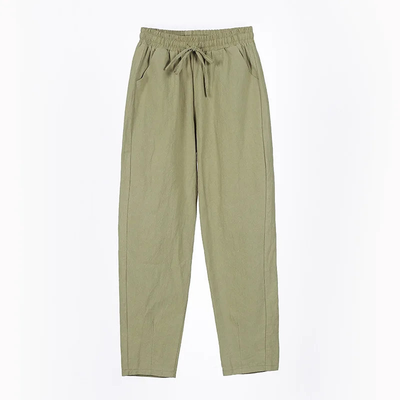 Women Pants Spring Autumn Ankle Length Casual Straight Pencil Solid Elastic Waist Harem Girls Pants Thin Cotton Linen Trousers