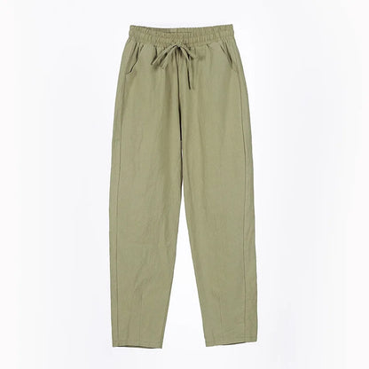 Women Pants Spring Autumn Ankle Length Casual Straight Pencil Solid Elastic Waist Harem Girls Pants Thin Cotton Linen Trousers