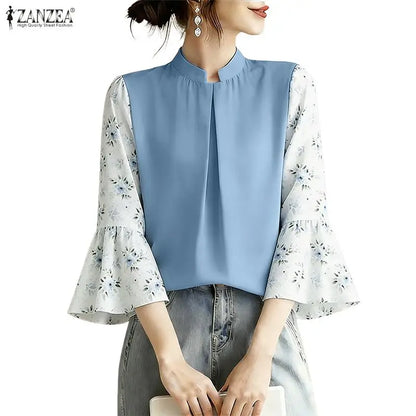 ZANZEA Summer Woman Elegant Blouses Vintage Stand Collar Floral Printed 3/4 Sleeve Pleated Tops Loose Casual Blusas de Mujer