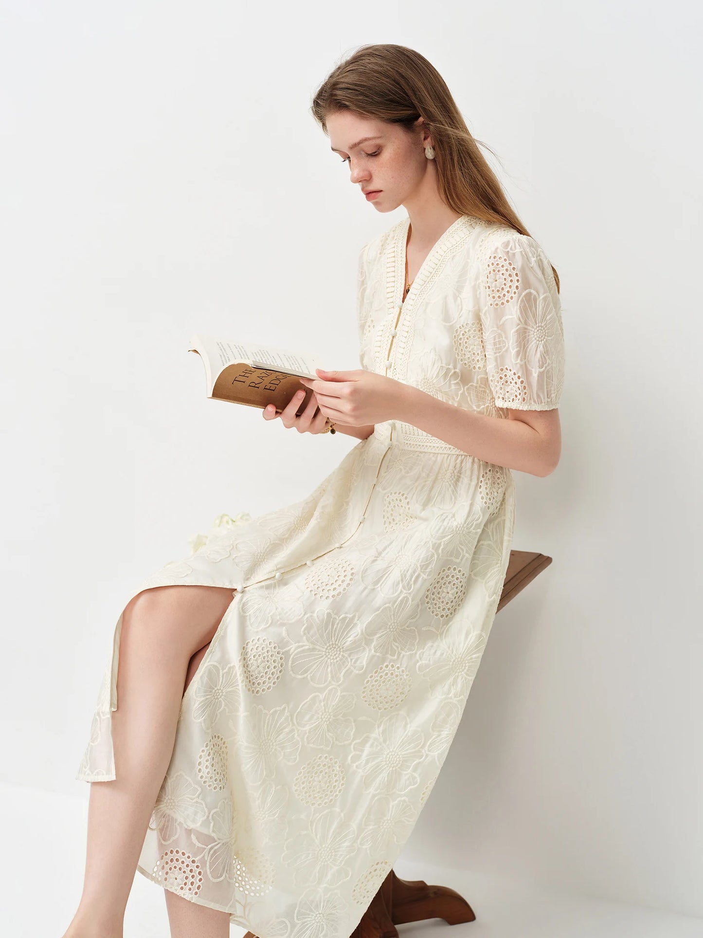 FSLE Cut-out Embroidery V-Neck A-Line Dress for Women 2026 Summer New Arrival Waist-defining Elegant Fashionable Calves Lenghth