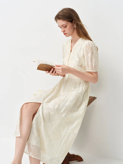 FSLE Cut-out Embroidery V-Neck A-Line Dress for Women 2026 Summer New Arrival Waist-defining Elegant Fashionable Calves Lenghth