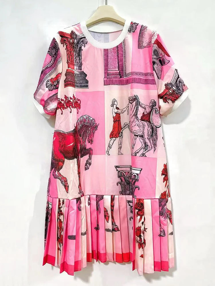 Retro geometric print round neck pullover dress 2026 summer women's T-shirt skirt fashionable loose oversized puffy skirt