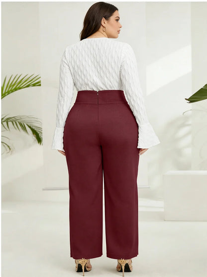 Plus Size Women's Pants High Waist Back Zipper Solid Textured Wide Leg Bottoms Elegant Spring Summer Office Stretch Bottoms