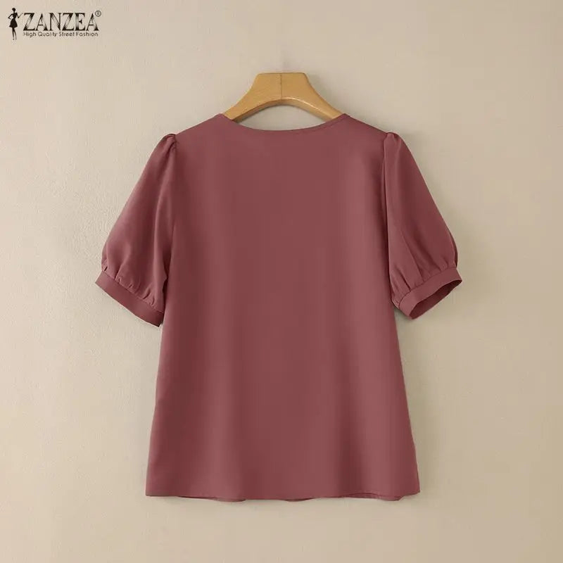 ZANZEA Elegant Solid Color Woman Blouses Lace Up O-Neck Short Puff Sleeve Pintuck Detail Women's Tops Summer Casual Blusas