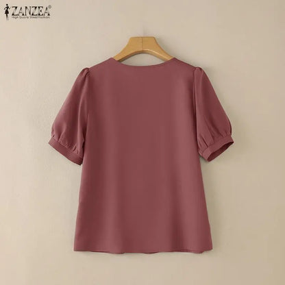 ZANZEA Elegant Solid Color Woman Blouses Lace Up O-Neck Short Puff Sleeve Pintuck Detail Women's Tops Summer Casual Blusas