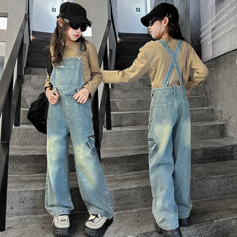 High Quality Children Bib Jeans Jumpsuit for Teenage Girl Causal Denim Suspender Overalls Kids Fashion Stylish Dungarees 5-14Y