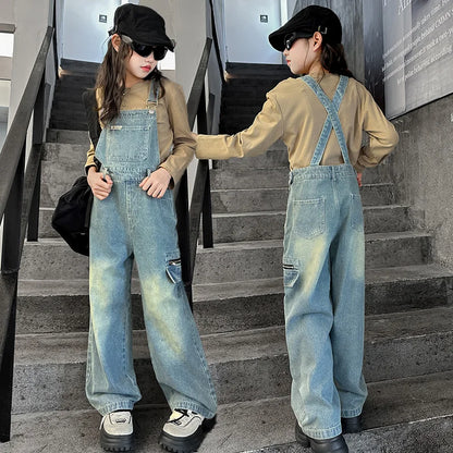 High Quality Children Bib Jeans Jumpsuit for Teenage Girl Causal Denim Suspender Overalls Kids Fashion Stylish Dungarees 5-14Y