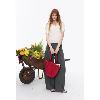 ELFSACK High Waist Pleated Wide Leg Trousers, Minimalist Casual Office Trousers for Women, Button Fly Loose Palazzo Pants