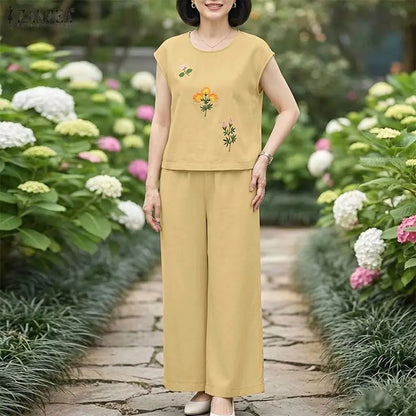 ZANZEA Fashion Summer Outfits O Neck Short Sleeve Floral Blouse Wide Leg Pant Sets Women 2 Pieces Sets Tracksuit Matching Sets