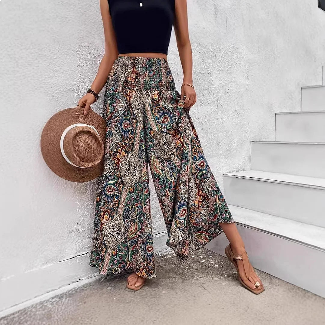 Bohemian Wide Leg Pants Retro Colorful Print High Waist Loose Casual Trousers Boho Palazzo Pants