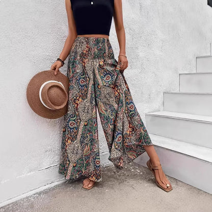 Bohemian Wide Leg Pants Retro Colorful Print High Waist Loose Casual Trousers Boho Palazzo Pants
