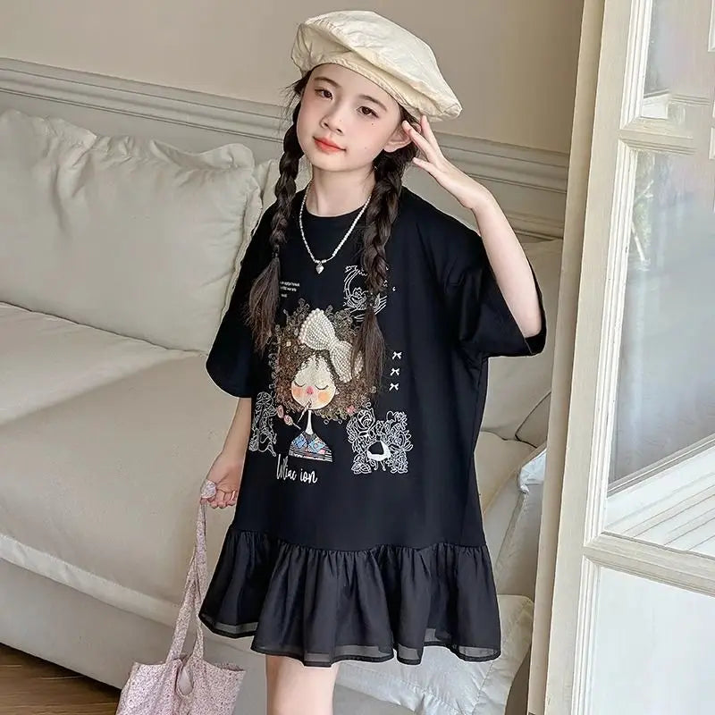 2026 New Girls Summer T-Shirt Princess Style Loose Fit Short Sleeve Top Cute Fashion Kids Casual Tee for Warm Days