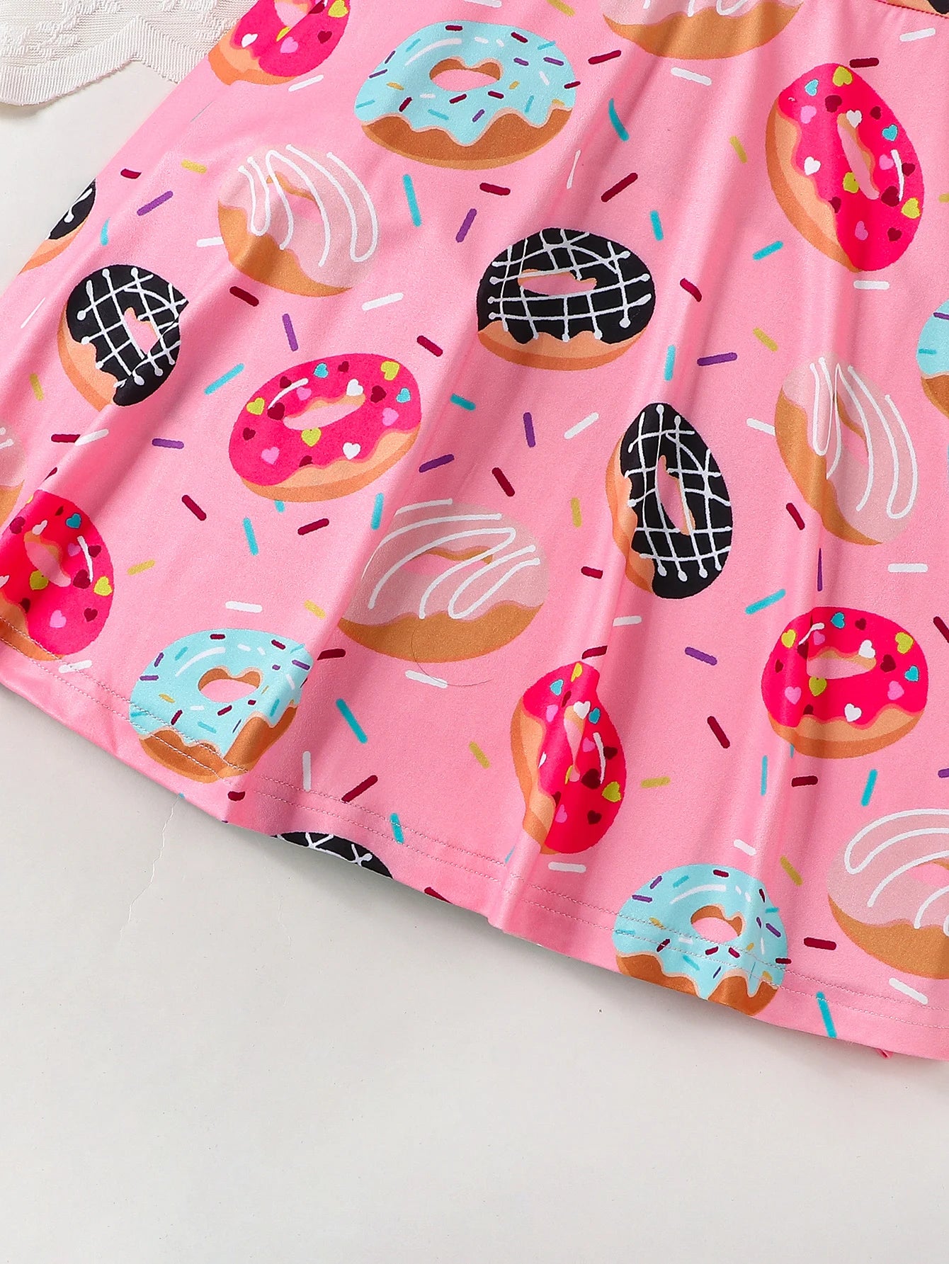 Pink Donut Print round Neck Short Sleeve Dress for Girls Cute Full Print Girl's Dress