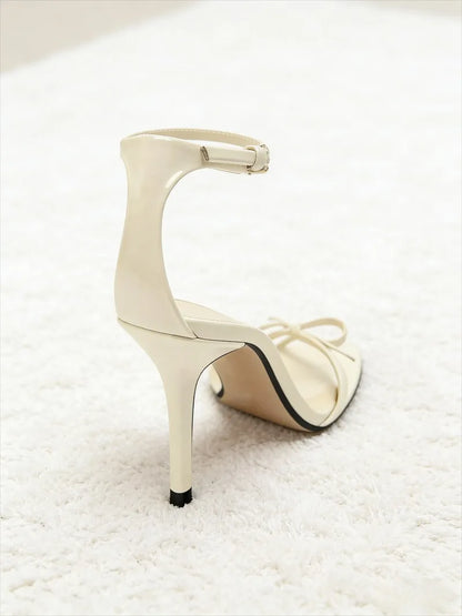 Beige Bow Designer Shoes Ankle Strap Heeled Sandals Women Elegant Patent Leather Thin High Heels Party Shoes Sandalias De Mujer