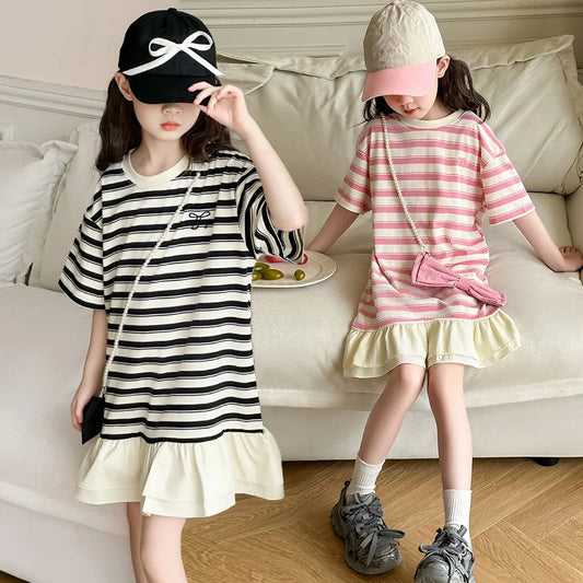 2026 Summer Kids girls cotton patchwork flounce lace striped T-SHIRT Dresses cotton Princess Children 5 6 7 8 10 11 12 13 Years